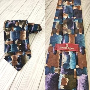 Vintage Etienne Aigner Abstract Silk Wide Necktie in Agean Blue and Brown